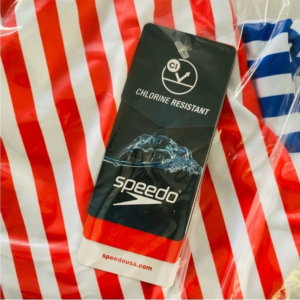 Speedo Girl’s Swimsuit One Piece Blue and Red Stripes Size 16 NWT UPF 50+
